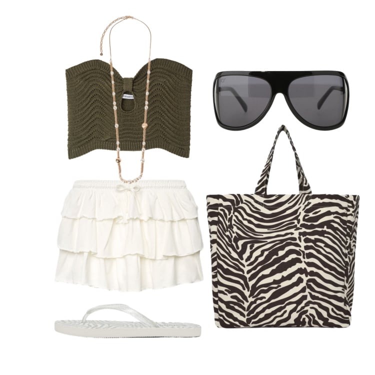 Outfit donna - Giugno. Stile Trendy per Tutti i giorni. Abbinamento con top, shopping bag, infradito, minigonne, occhiali da sole, collane.