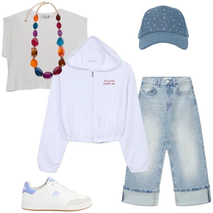 Outfit donna - Picnic. Stile Casual per Sport. Abbinamento con sneakers, jeans, felpe con cappuccio, cappelli, top, collane.