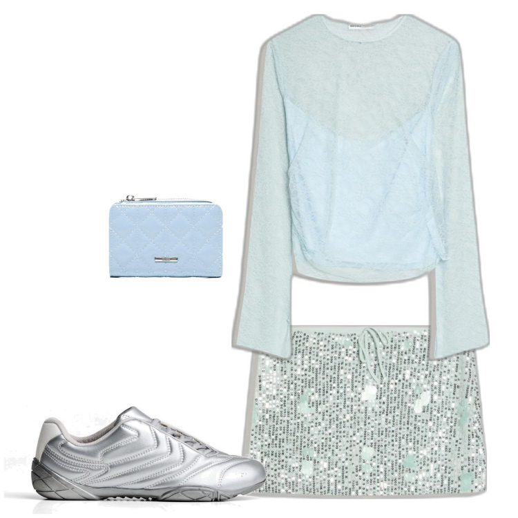 Outfit mujer - Trendy look. Estilo Trendy para Todos los días. Combinación con sneakers, faldas, camiseta, monederos.