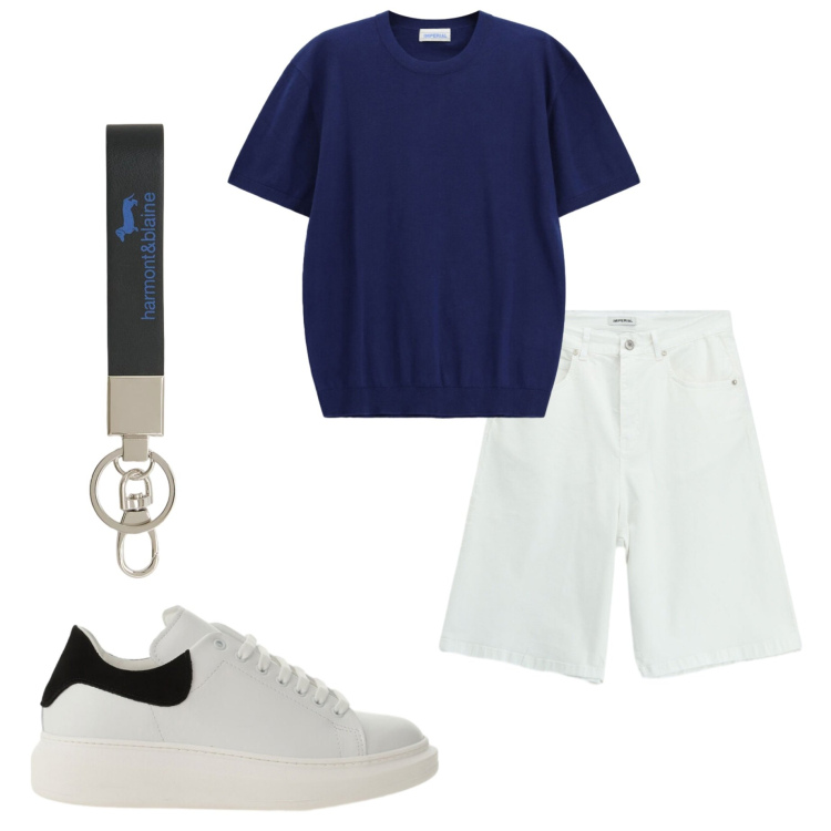 Outfit uomo - Stile coastal. Stile Casual per Mare. Abbinamento con portachiavi, sneakers, t-shirt, bermuda.