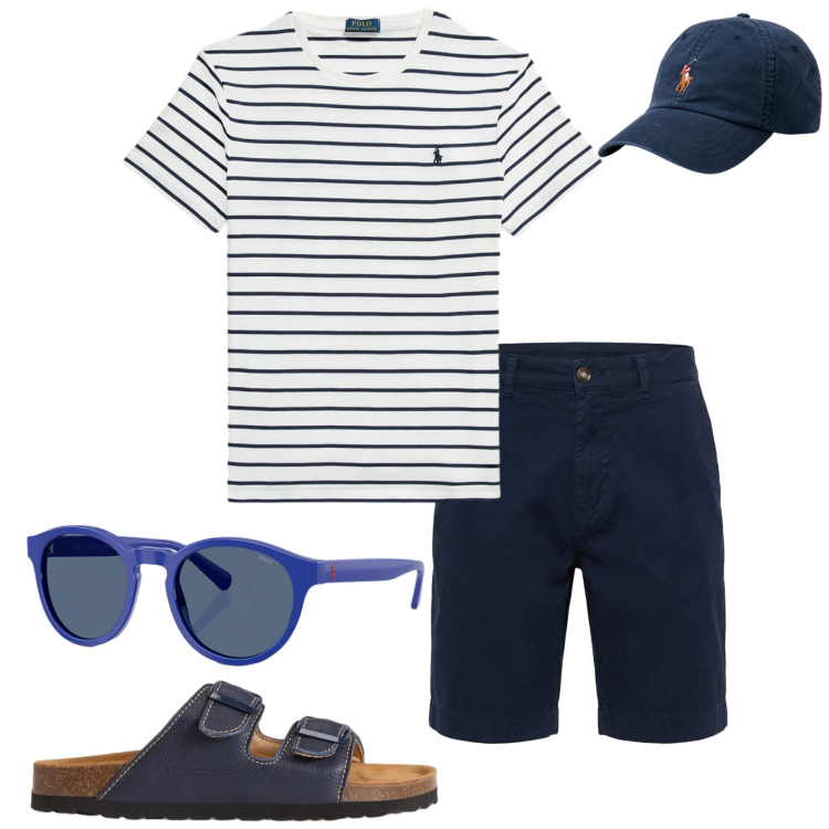 Outfit uomo - Stile coastal. Stile Casual per Mare. Abbinamento con bermuda, sandali, cappelli, occhiali da sole, t-shirt.