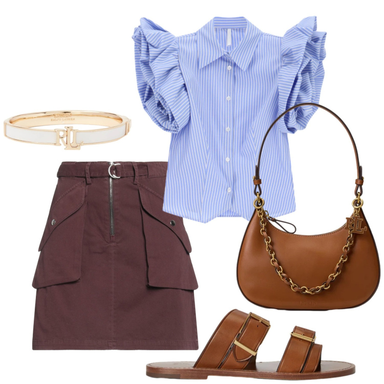 Outfit donna - Total look #2422514. Stile Romantica per Ufficio. Abbinamento con minigonne, camicie a manica corta, sandali in pelle, borse a spalla, braccialetti.