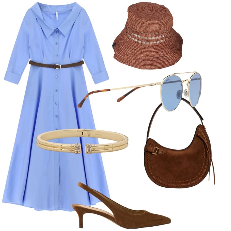 Outfit donna - Ma che chic. Stile Chic per Tutti i giorni. Abbinamento con cappelli con visiera, vestiti chemisier, occhiali da sole, décolleté, borse a spalla, braccialetti.