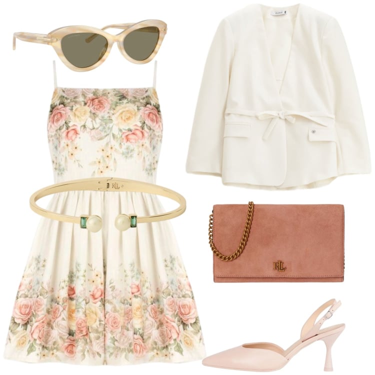 Outfit donna - Ma che romantica. Stile Romantica per Cerimonia. Abbinamento con décolleté, blazer, vestiti corti, braccialetti, occhiali da sole, borse a tracolla.