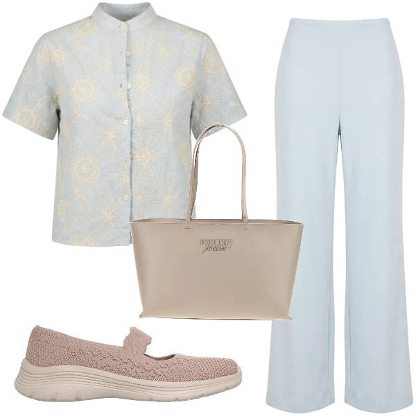 Outfit donna - Azzurro cielo. Stile Sporty chic per Ufficio. Abbinamento con pantaloni, camicie, ballerine, borse a spalla.
