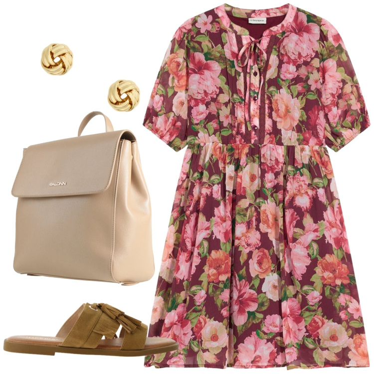 Outfit donna - Total flowers. Stile Bon Ton per Tutti i giorni. Abbinamento con zaini, vestiti corti, sandali, orecchini.