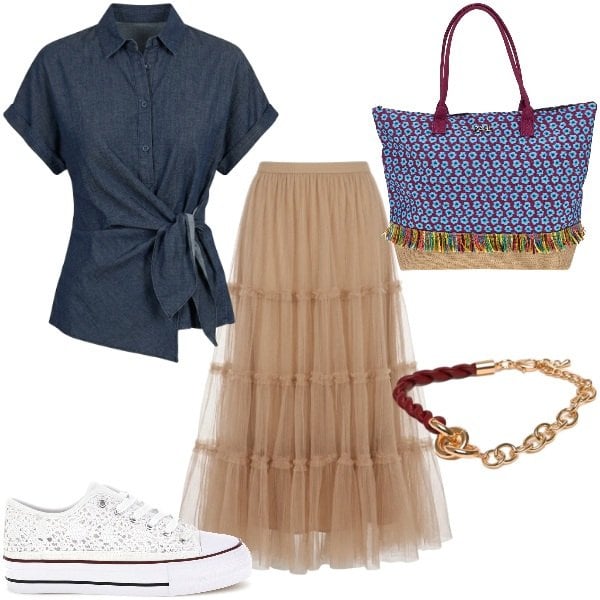 Outfit donna - Sneakers in pizzo. Stile Sporty chic per Tutti i giorni. Abbinamento con braccialetti, gonne lunghe, camicie a manica corta, sneakers, borse a spalla.