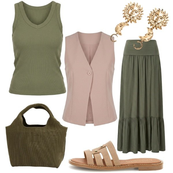Outfit donna - Canotta e gilet. Stile Boho per Tutti i giorni. Abbinamento con gonne lunghe, borse a mano, gilet, canottiere, orecchini, ciabatte.