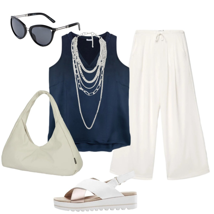 Outfit donna - Bianco e blu classico senza tempo. Stile Chic per Tutti i giorni. Abbinamento con sandali, occhiali da sole, pantaloni, collane, top, borse a spalla.