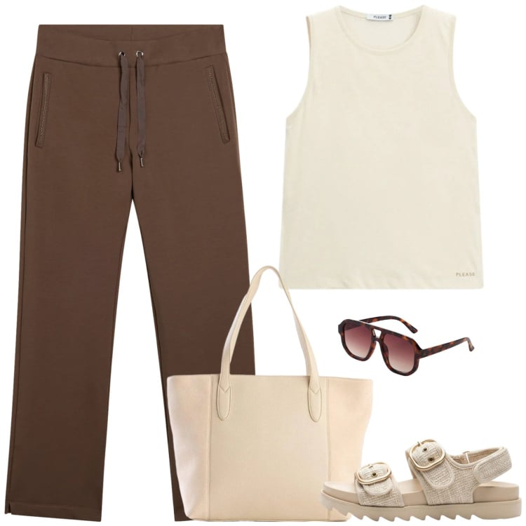 Outfit donna - Basica. Stile Basic per Tutti i giorni. Abbinamento con occhiali da sole, sandali, shopping bag, top, pantaloni.