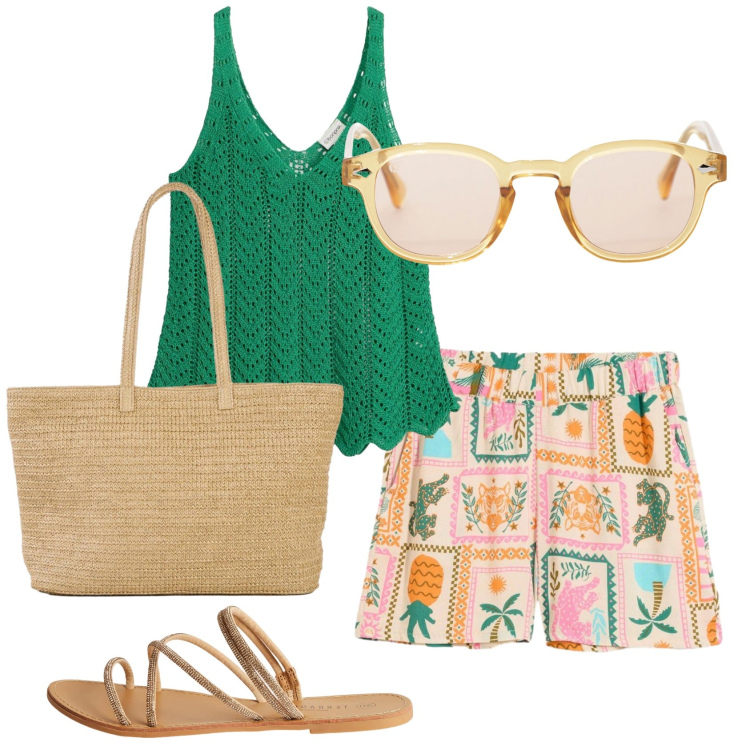 Outfit donna - Total look #2422597. Stile Basic per Mare. Abbinamento con canottiere, shopping bag, shorts, sandali, occhiali da sole.