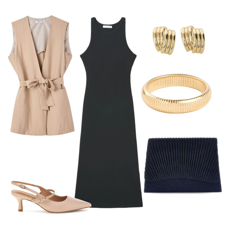 Outfit donna - Talassa. Stile Casual per Ufficio. Abbinamento con braccialetti, gilet, vestiti midi/longuette, orecchini, pochette, décolleté.