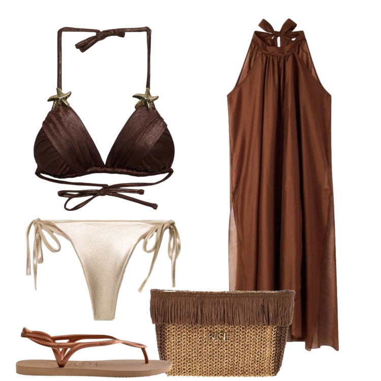 Outfit donna - Chic in marrone. Stile Chic per Mare. Abbinamento con bikini, vestiti lunghi, bikini, pochette, infradito.