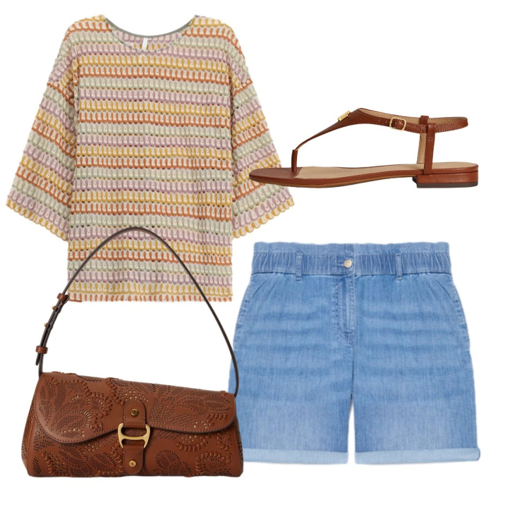 Outfit donna - Total look. Stile Casual per Tutti i giorni. Abbinamento con t-shirt, shorts, sandali in pelle, borse a spalla.