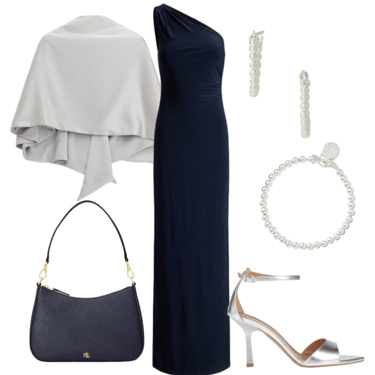 Outfit donna - Anfitrite. Stile Chic per Cerimonia. Abbinamento con sandali in pelle, scialli, vestiti asimmetrici, orecchini, braccialetti, borse a spalla.