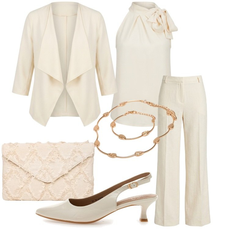 Outfit donna - Summer Confidence matrimonio civile. Stile Romantica per Cerimonia. Abbinamento con top, clutch, blazer, pantaloni, braccialetti, décolleté.