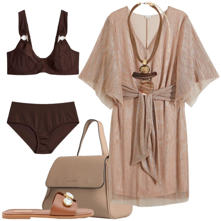 Outfit donna - Sabbia e terra. Stile Sporty chic per Mare. Abbinamento con zaini, vestiti, bikini, sandali gioiello, ciondoli.