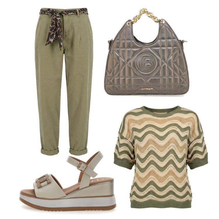 Outfit donna - Total look #2422614. Stile Casual chic per Ufficio. Abbinamento con t-shirt, pantaloni, sandali col tacco, borse a mano.
