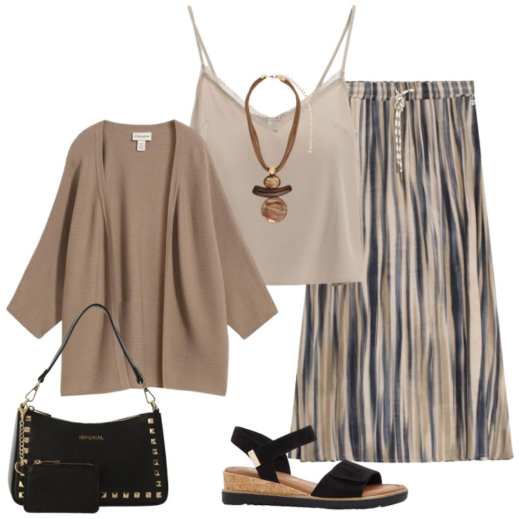 Outfit donna - Sfumature di colore. Stile Trendy per Ufficio. Abbinamento con cardigans, sandali, canottiere, borse a spalla, gonne lunghe, ciondoli.