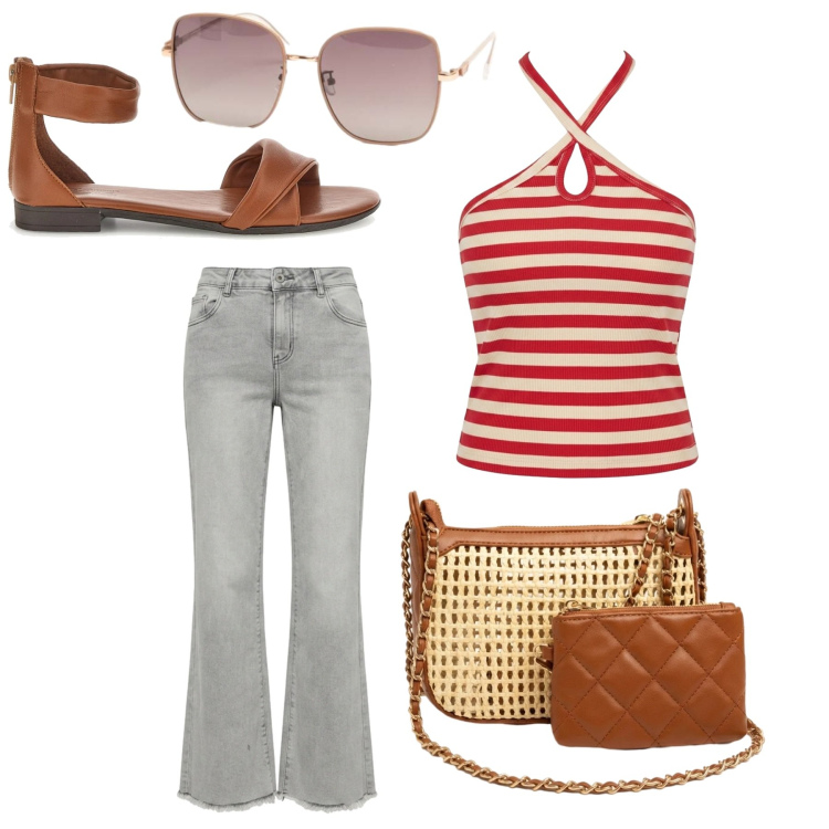 Outfit donna - Total look #2422627. Stile Vintage retrò per Tutti i giorni. Abbinamento con borse a spalla, canottiere, occhiali da sole, jeans a zampa, sandali.