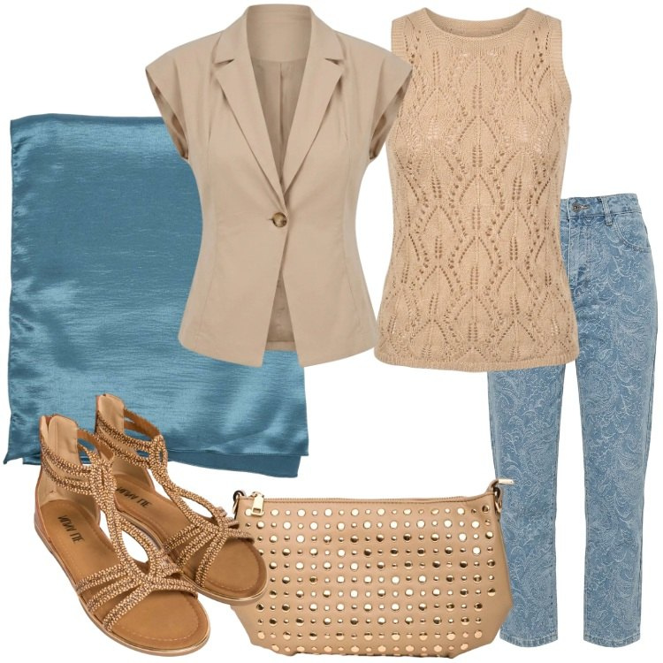 Outfit donna - Summer Confidence. Stile Casual chic per Tutti i giorni. Abbinamento con sandali in pelle, borse a tracolla, canottiere, blazer, jeans, stole.