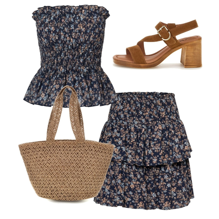 Outfit donna - Summer Confidence. Stile Romantica per Tutti i giorni. Abbinamento con top, minigonne, sandali col tacco, borse a spalla.
