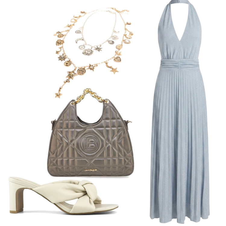 Outfit donna - Summer Confidence. Stile Chic per Cerimonia. Abbinamento con ciondoli, vestiti lunghi, sandali col tacco, borse a mano.