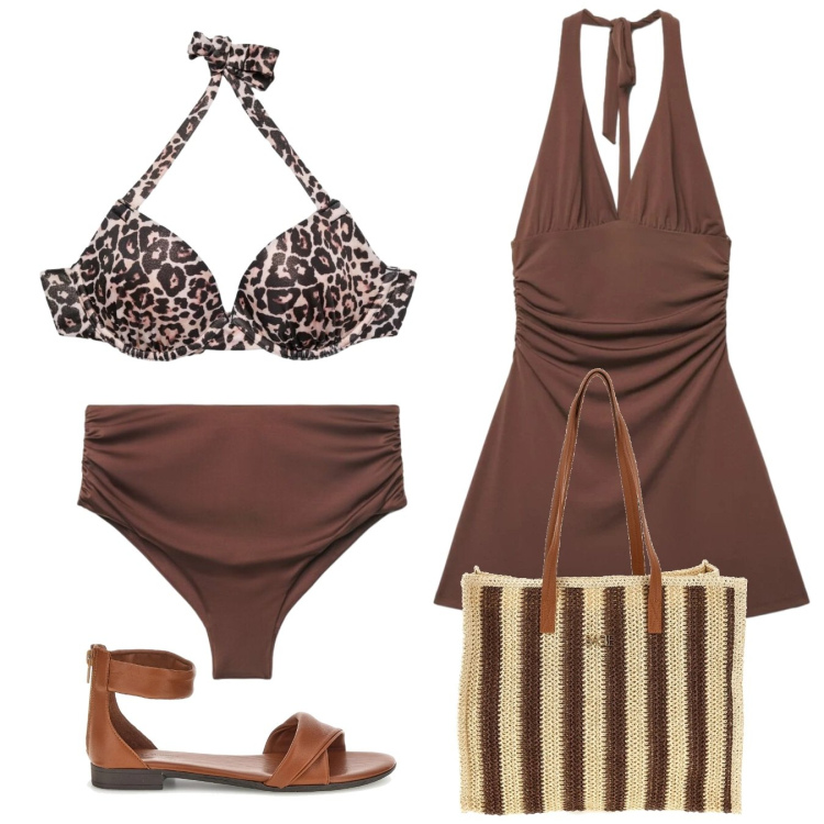 Outfit donna - Terranova - Beach State of Mind. Stile Chic per Mare. Abbinamento con vestiti corti, bikini, bikini, sandali, borse a spalla.