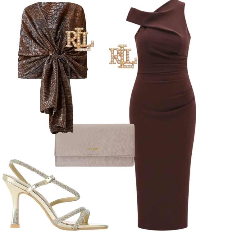 Outfit donna - Serata. Stile Chic per Serata fuori. Abbinamento con portafogli, sandali col tacco, stole, vestiti asimmetrici, orecchini.