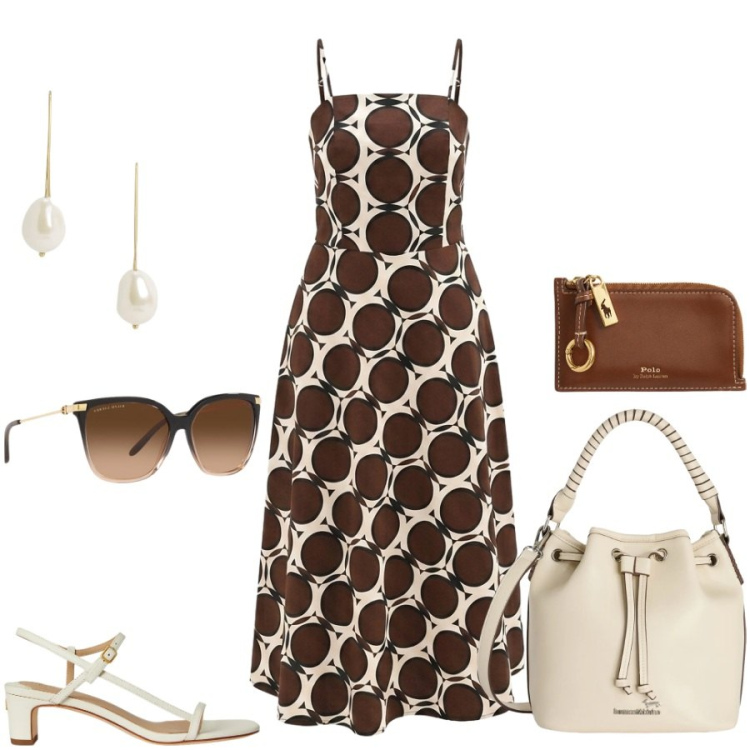 Outfit donna - Total look #2422651. Stile Casual chic per Tutti i giorni. Abbinamento con borse a secchiello, vestiti lunghi, sandali in pelle, occhiali da sole, portafogli, orecchini.