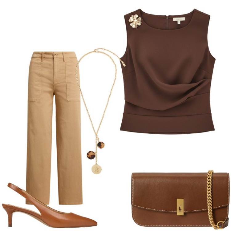 Outfit donna - Total look #2422653. Stile Casual chic per Tutti i giorni. Abbinamento con top, pantaloni, clutch, décolleté, collane.
