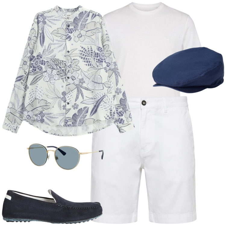 Outfit uomo - Stile coastal. Stile Trendy per Mare. Abbinamento con scarpe stringate, t-shirt, bermuda, cappelli, occhiali da sole, camicie.