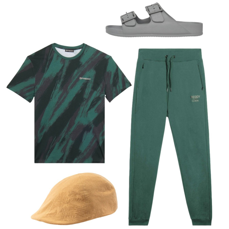 Outfit uomo - Total look #2422655. Stile Urban per Tutti i giorni. Abbinamento con sandali, t-shirt, pantaloni, cappelli con visiera.