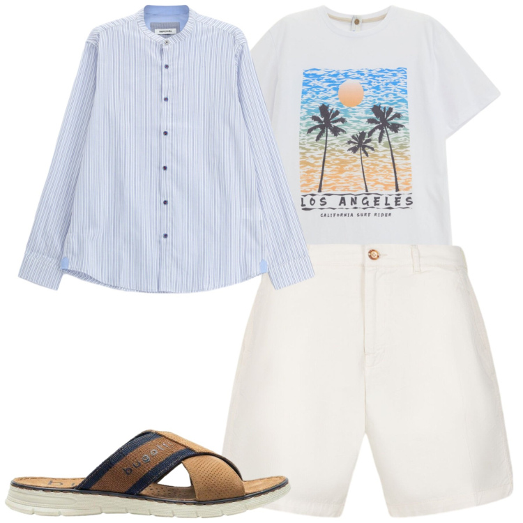 Outfit uomo - Coastal. Stile Casual per Mare. Abbinamento con sandali, t-shirt, camicie, bermuda.