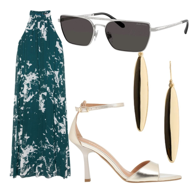 Outfit donna - Outfit curvy giusto. Stile Chic per Cerimonia. Abbinamento con sandali in pelle, vestiti lunghi, orecchini, occhiali da sole.