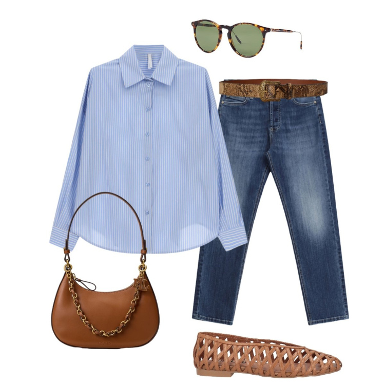 Outfit donna - Praticità del denim e rigore della riga. Stile Casual chic per Ufficio. Abbinamento con ballerine, camicie, jeans, occhiali da sole, borse a spalla, cinture.