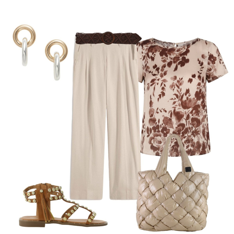 Outfit donna - In ufficio. Stile Casual chic per Ufficio. Abbinamento con pantaloni a palazzo, cinture, sandali, bluse, orecchini, borse tote.