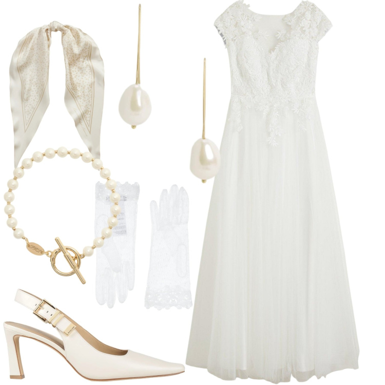 Outfit donna - Sposa bellissima e low coast. Stile Chic per Cerimonia. Abbinamento con guanti, décolleté, vestiti, orecchini, foulard, braccialetti.