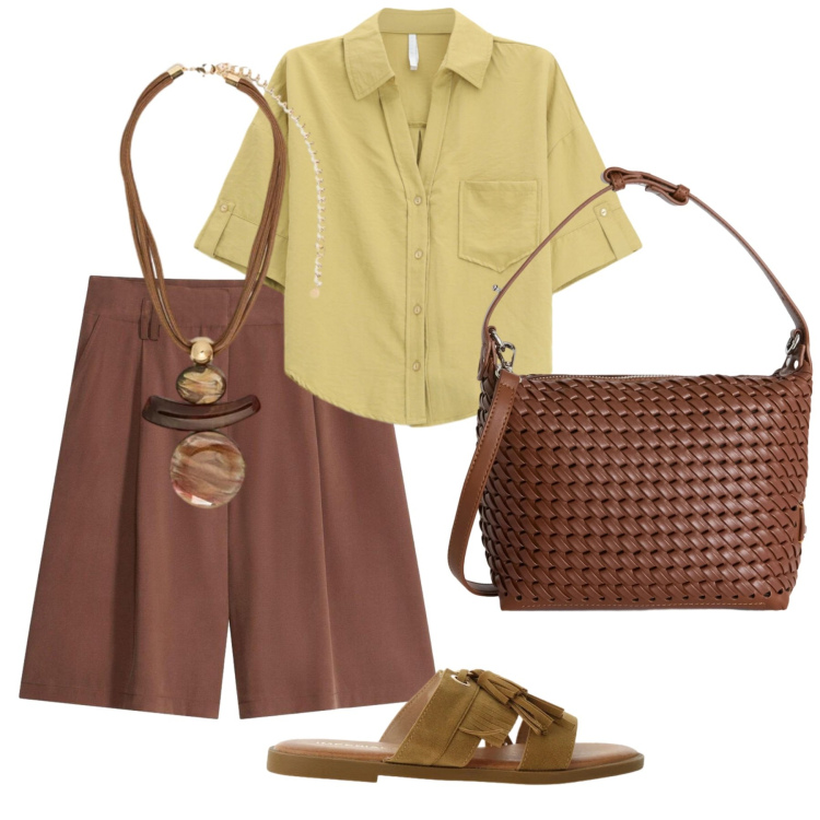 Outfit donna - Summer. Stile Casual per Tutti i giorni. Abbinamento con bermuda, borse a spalla, sandali, camicie a manica corta, ciondoli.