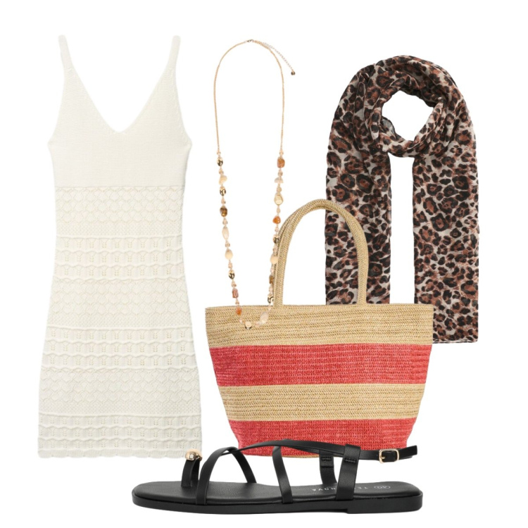 Outfit donna - Island of summer. Stile Boho per Tutti i giorni. Abbinamento con shopping bag, vestiti corti, foulard, sandali, collane.