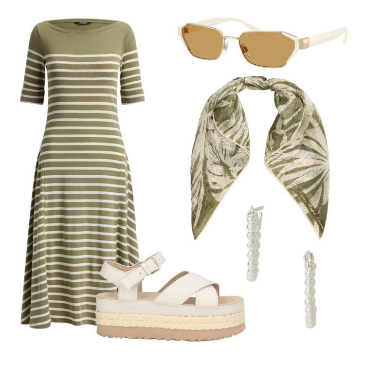 Outfit donna - Estate. Stile Casual chic per Tutti i giorni. Abbinamento con sandali in pelle, orecchini, foulard, vestiti midi/longuette, occhiali da sole.