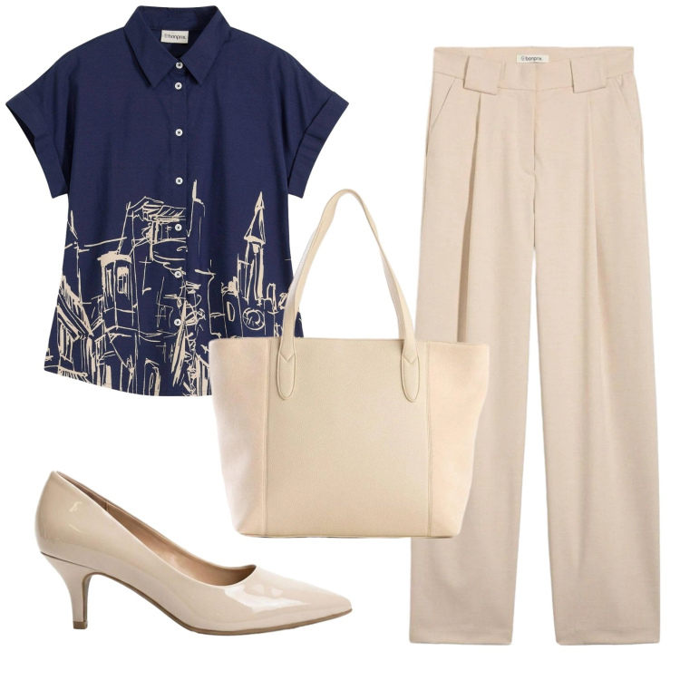 Outfit donna - Total look #2422688. Stile Basic per Ufficio. Abbinamento con camicie a manica corta, pantaloni, décolleté, shopping bag.