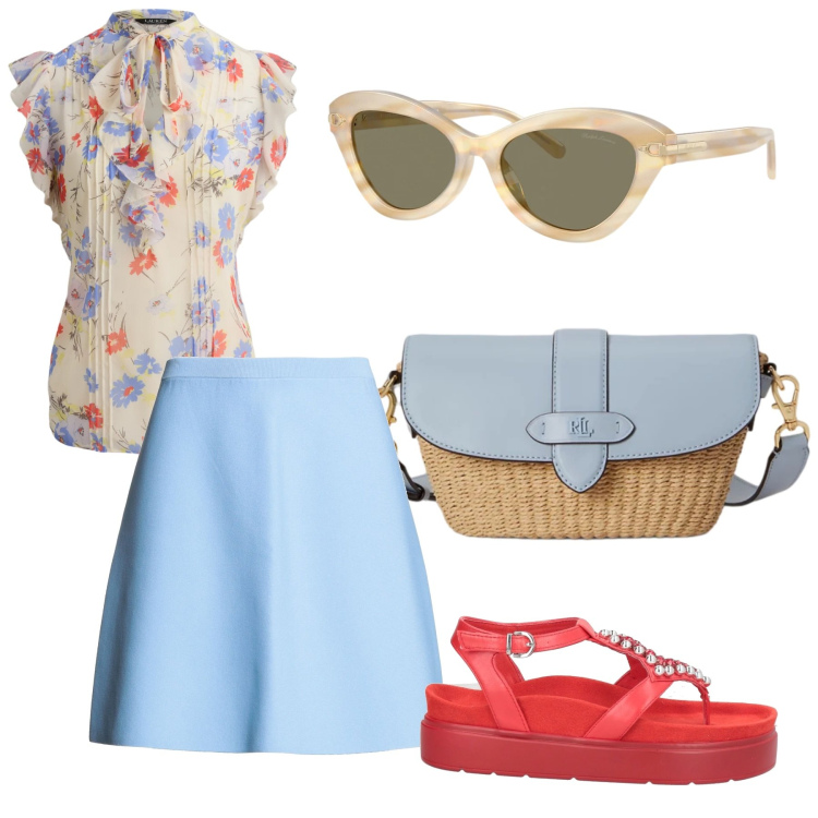 Outfit donna - Estate comodo. Stile Romantica per Tutti i giorni. Abbinamento con ciabatte, minigonne, bluse, occhiali da sole, borse a spalla.