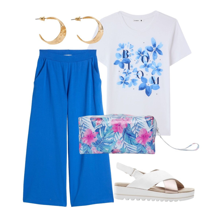 Outfit donna - Semplice ma con i dettagli giusti. Stile Casual chic per Tutti i giorni. Abbinamento con pantaloni, sandali, orecchini, valigie, t-shirt.
