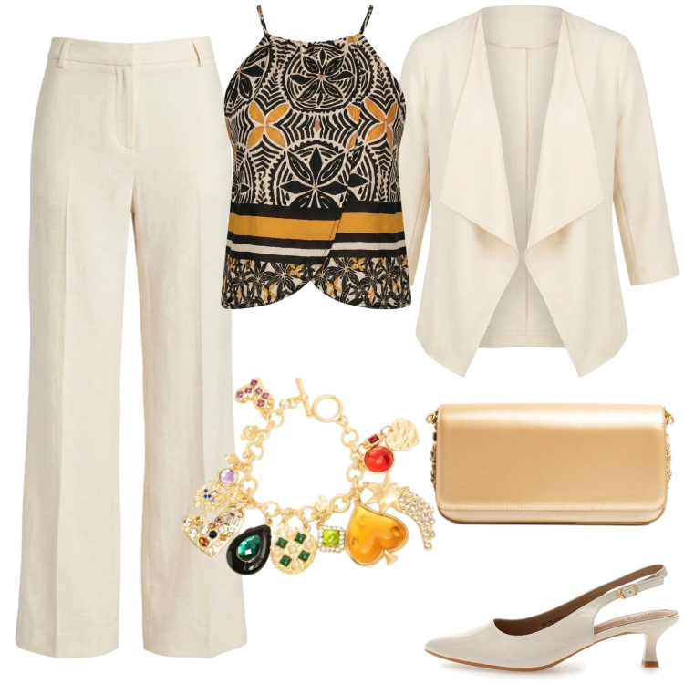 Outfit donna - Top a stampa completo bianco. Stile Casual chic per Cerimonia. Abbinamento con blazer, canottiere, pantaloni, braccialetti con ciondoli, clutch, décolleté.