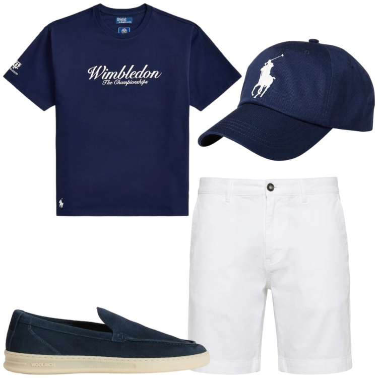 Outfit uomo - Bianco e blu e cenni di corda. Stile Casual per Tutti i giorni. Abbinamento con bermuda, scarpe stringate, cappelli con visiera, t-shirt.