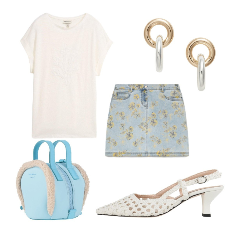 Outfit donna - Giugno. Stile Basic per Tutti i giorni. Abbinamento con décolleté, zaini, t-shirt, minigonne, orecchini.