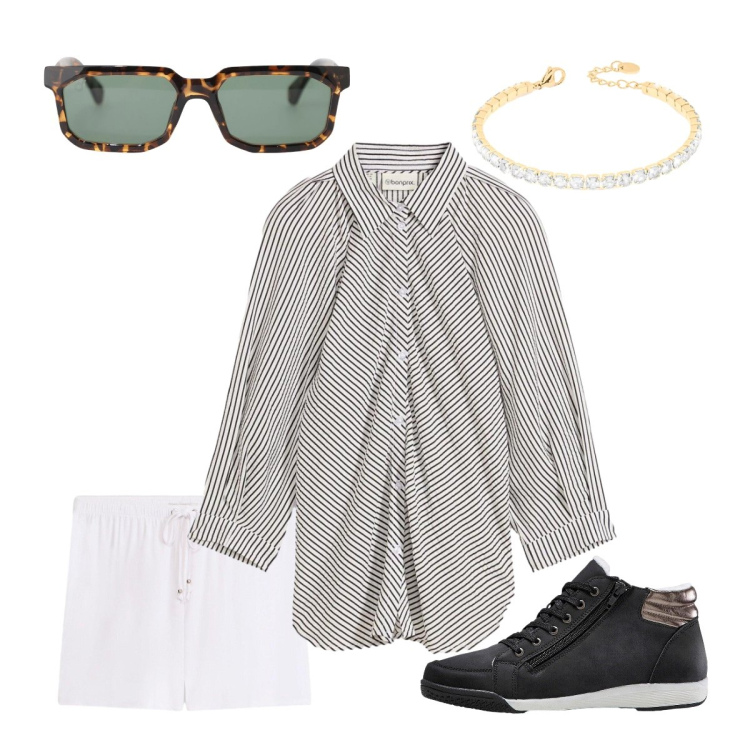 Outfit donna - Camicia sporty chic. Stile Sporty chic per Tutti i giorni. Abbinamento con camicie, sneakers alte, pantaloni corti, occhiali da sole, braccialetti.