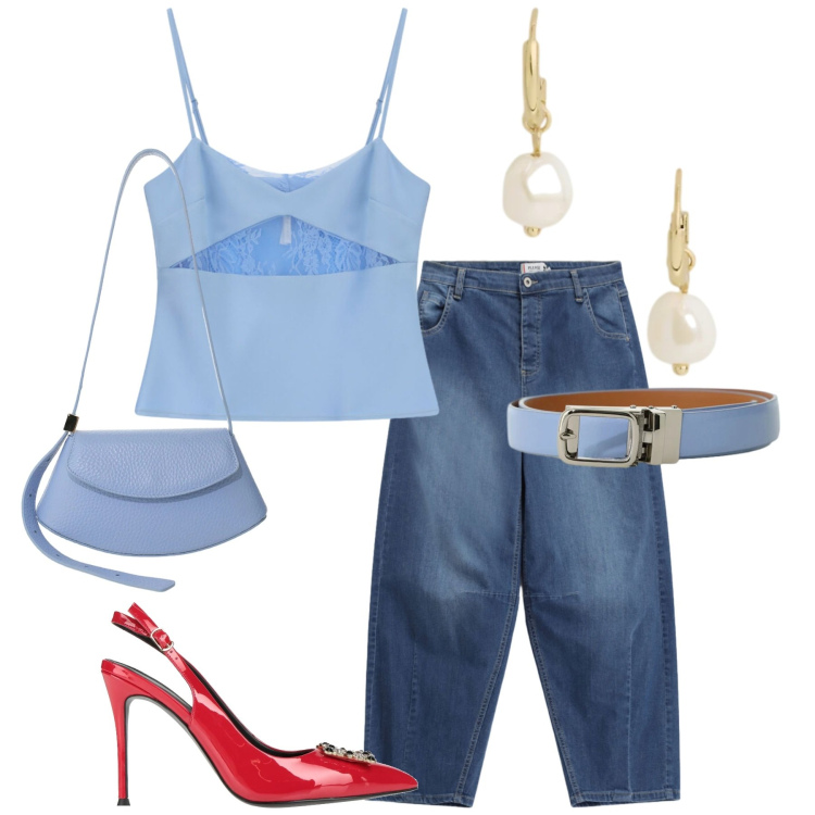 Outfit donna - Total look #2422713. Stile Casual chic per Serata fuori. Abbinamento con décolleté, cinture, canottiere, borse a spalla, jeans, orecchini.