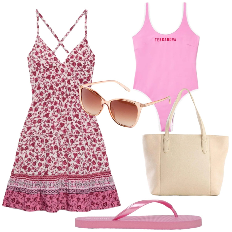 Outfit donna - Total look #2422714. Stile Basic per Mare. Abbinamento con occhiali da sole, shopping bag, vestiti corti, infradito, costumi interi.